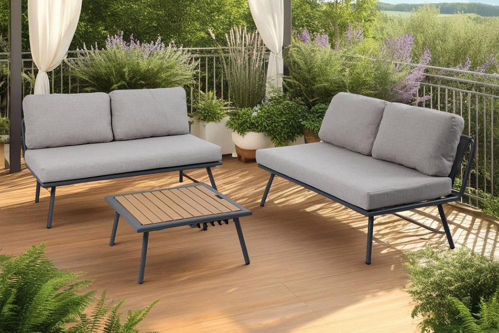 Riess Ambiente Outdoor Lounge Sitzgruppe Mobile MODULAR - anthrazit hellgrau - mit Tisch wetterfest Polyrattan Gartenmöbel Set