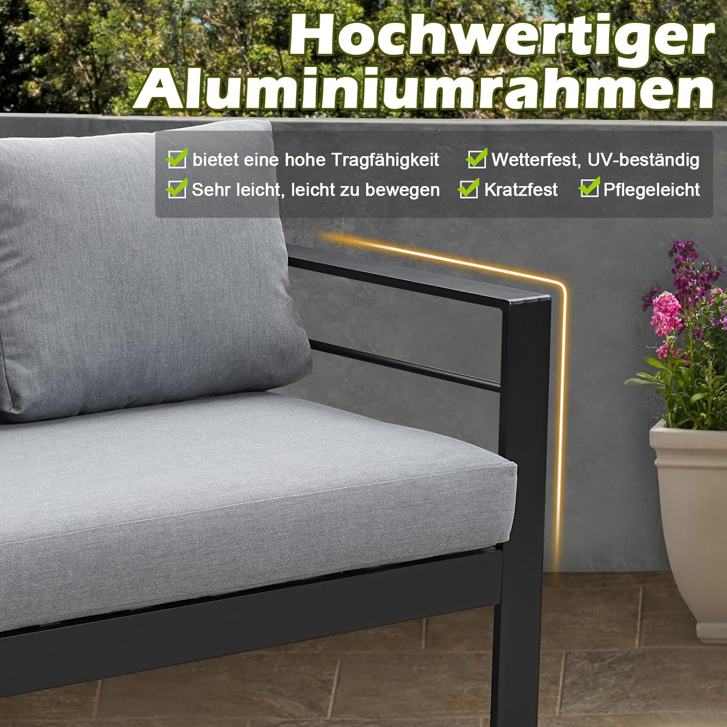 Atenza Aluminium Gartenlounge Set 6-8 Personen, Ecklounge Gartenmöbel-Set mit Ecksofa, Tisch und Sitzbank, Outdoor Lounge mit Sitz- und Rückenkissen für Garten, Terrasse, Balkon (Schwarz)
