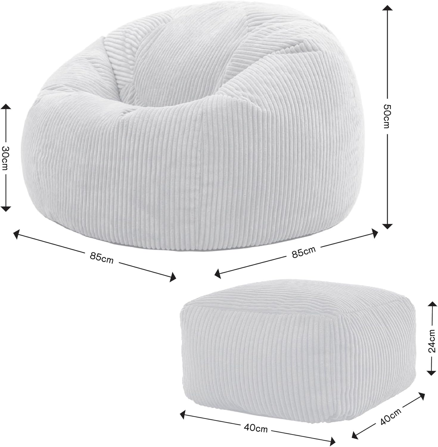 Icon Kingston Sitzsack mit Hocker Cord, Grau, Sitzsack Erwachsene mit Füllung, Bean Bag, Cord Sessel, Lounge Sessel, Lounge Stuhl, Schlafzimmer, Wohnzimmer, Wohnzimmer Möbel