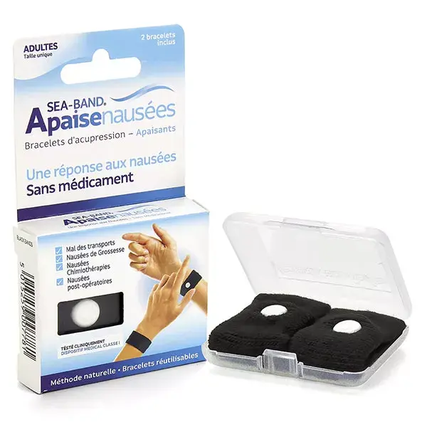 Pulseira anti-náusea Sea-Band para adultos, preta, 2 unidades