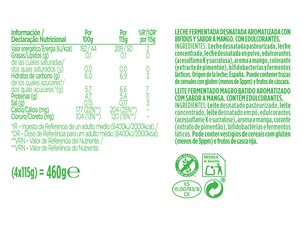 BIFIDUS ACTIVIA MANGA 0% 4X115G