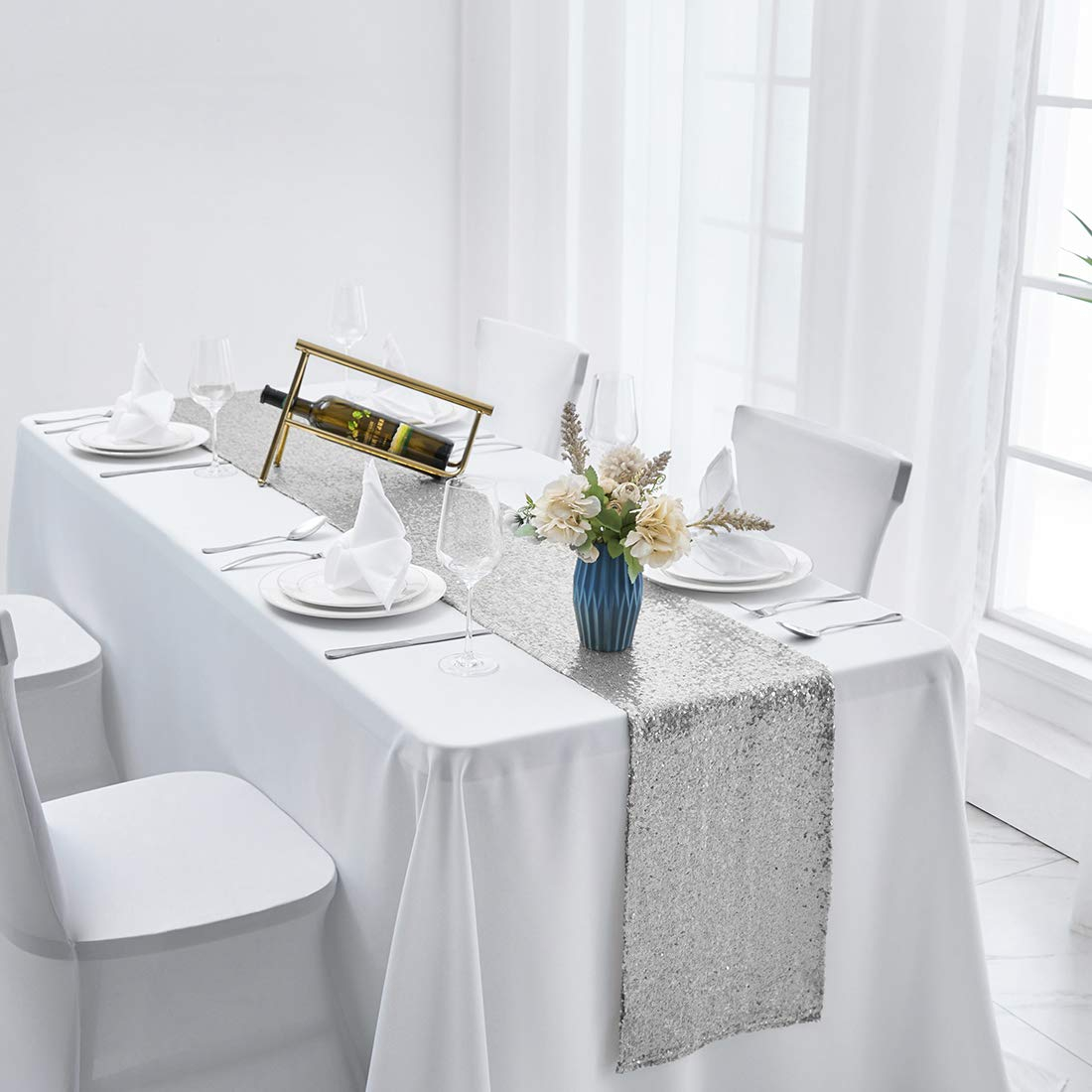 (6er Set) 275x30cm Pailletten Tischläufer Party Deko Glitzer Tischtuch - Silber