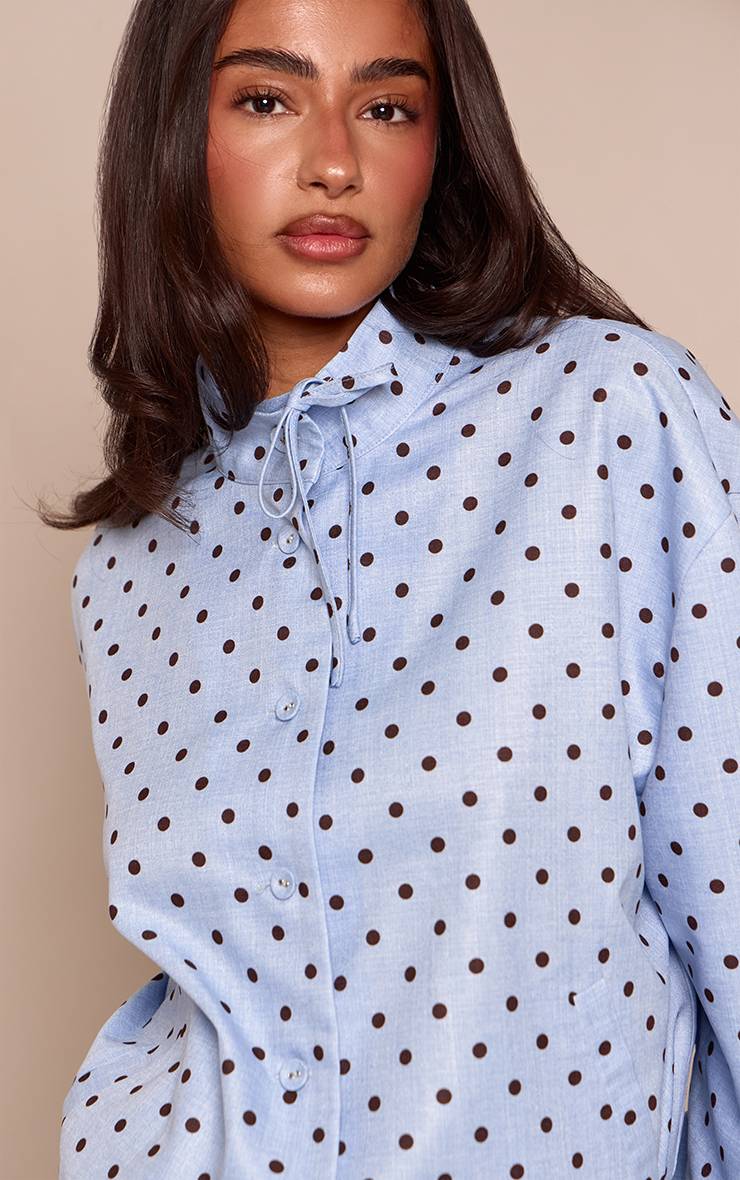 Bleu Chemise Petite À Pois À Col Montant Avec Détail Nœud Et Manches Longues