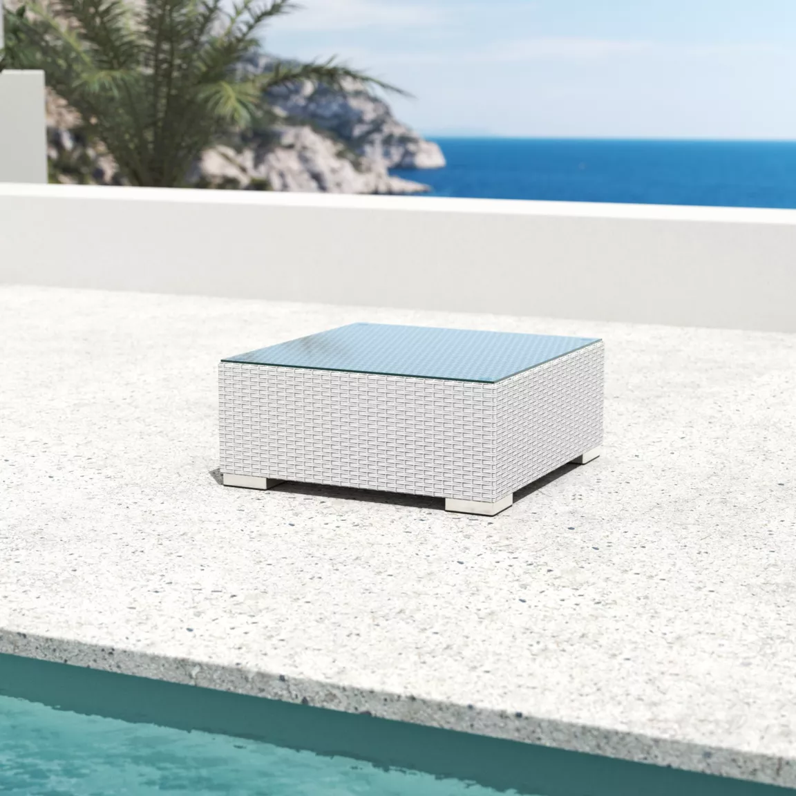 Table basse de jardin carrée en résine tressée Palma Blanc