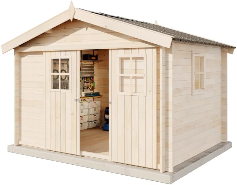 Gartenhaus EVERE aus Fichten-Holz, Gerätehaus mit 19 mm Wandstärke, Garten Holzhaus inklusive Montagematerial, Metalldach, Geräteschuppen 330 x 270cm mit Satteldach