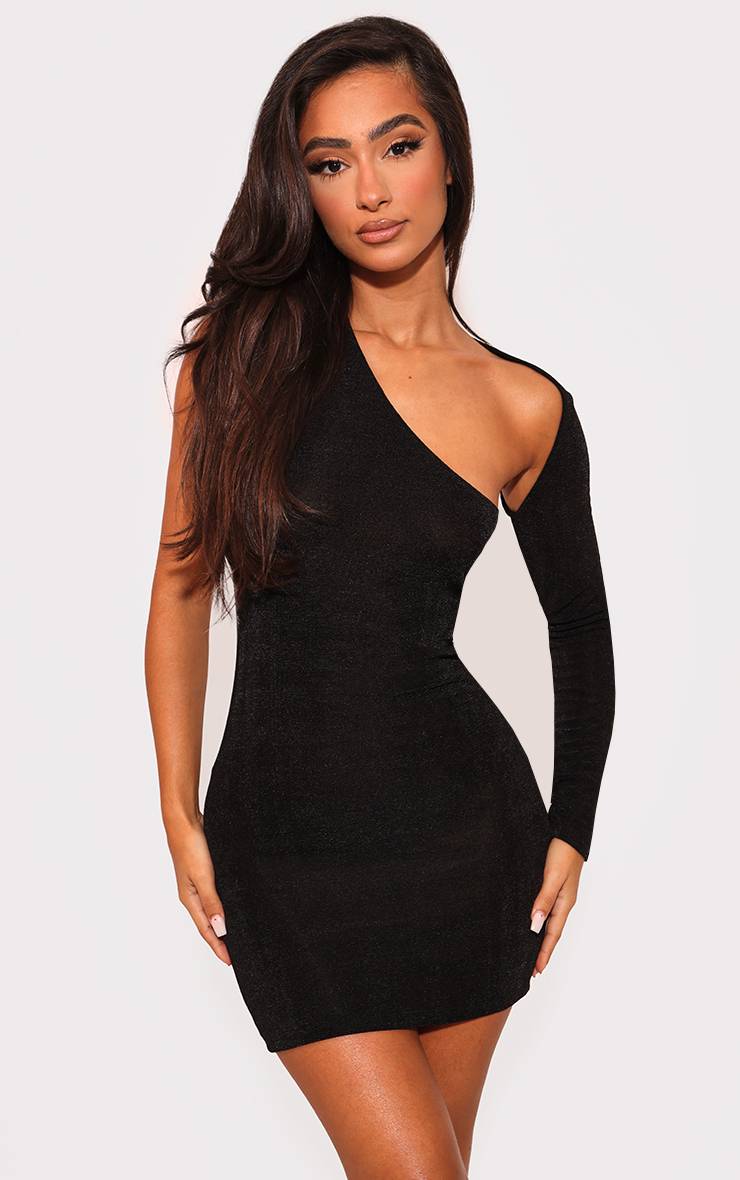 Noir Robe Moulante Petite Taille À Une Épaule Et Découpes En Acétate Slinky