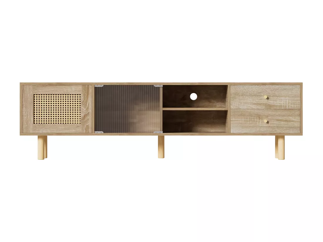 Meuble TV en anneaux de particules - 1 porte & 2 tiroirs & 3 compartiments - Naturel