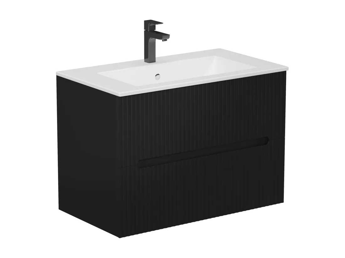 Meuble de salle de bain suspendu avec vasque à encastrer - Strié noir - 80 cm - PAVANI