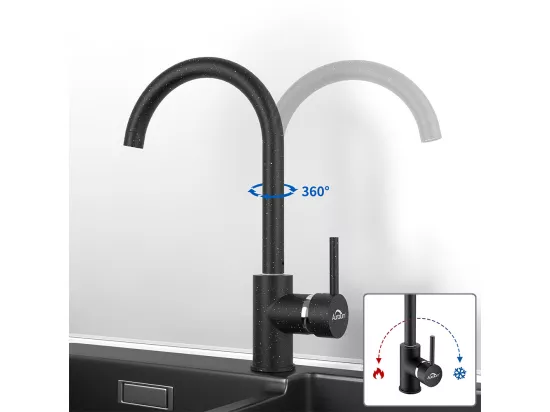 Évier Cuisine 1 Bac 55*45CM Noir+Robinet Cuisine Noir Rotatif 360° Mitigeur Cuisine Eau Froide et Chaude avec Aérateur Démontable