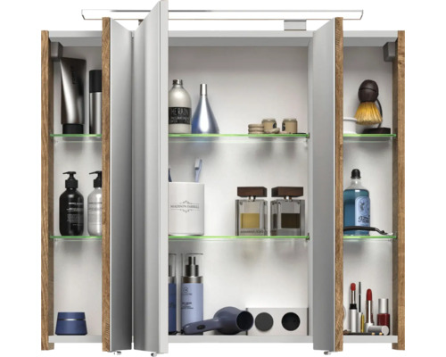 Pelipal Serie 4010 badkamermeubelset, afmetingen (B x H x D): 84 x 200 x 45 cm, fronten in eikenlook, Ribbeck 4-delige badkamermeubelset inclusief wastafel en spiegelkast met LED-verlichting