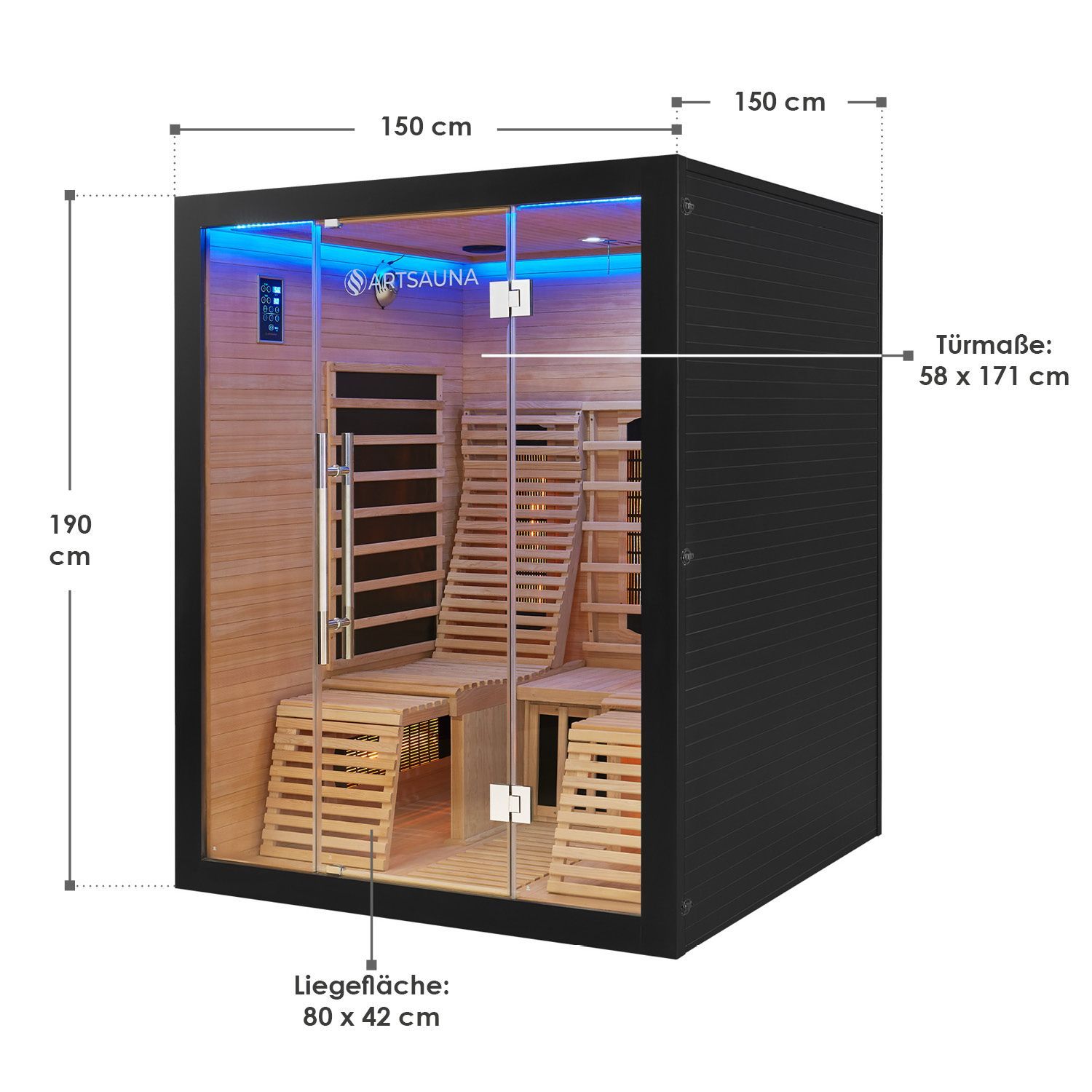 Artsauna Infrarotkabine Helsinki 150 mit Dual Technologie & LED - 3 Personen Wärmekabine Schwarz