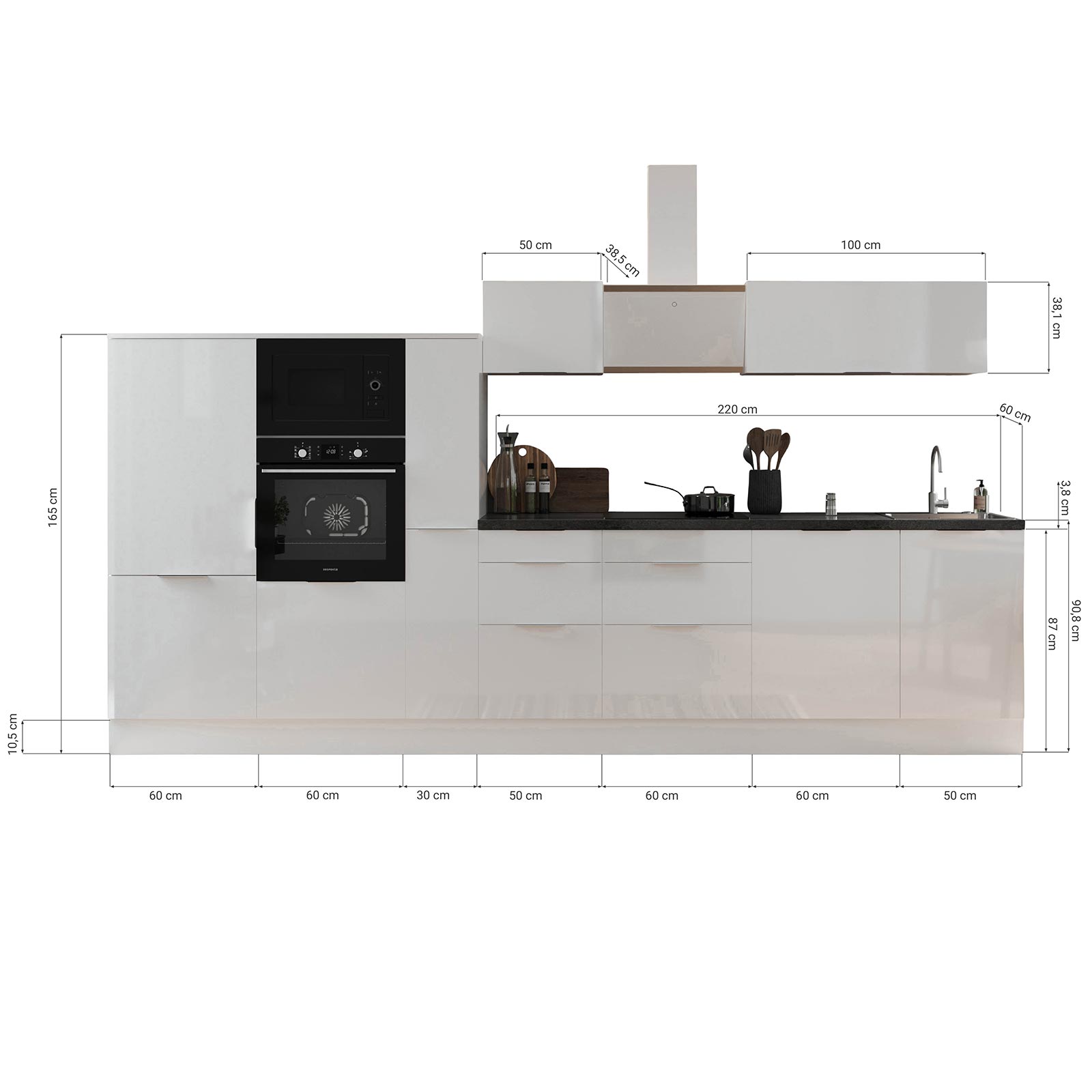 RESPEKTA Küchenblock - weiß Hochglanz - mit E-Geräten - 370 cm