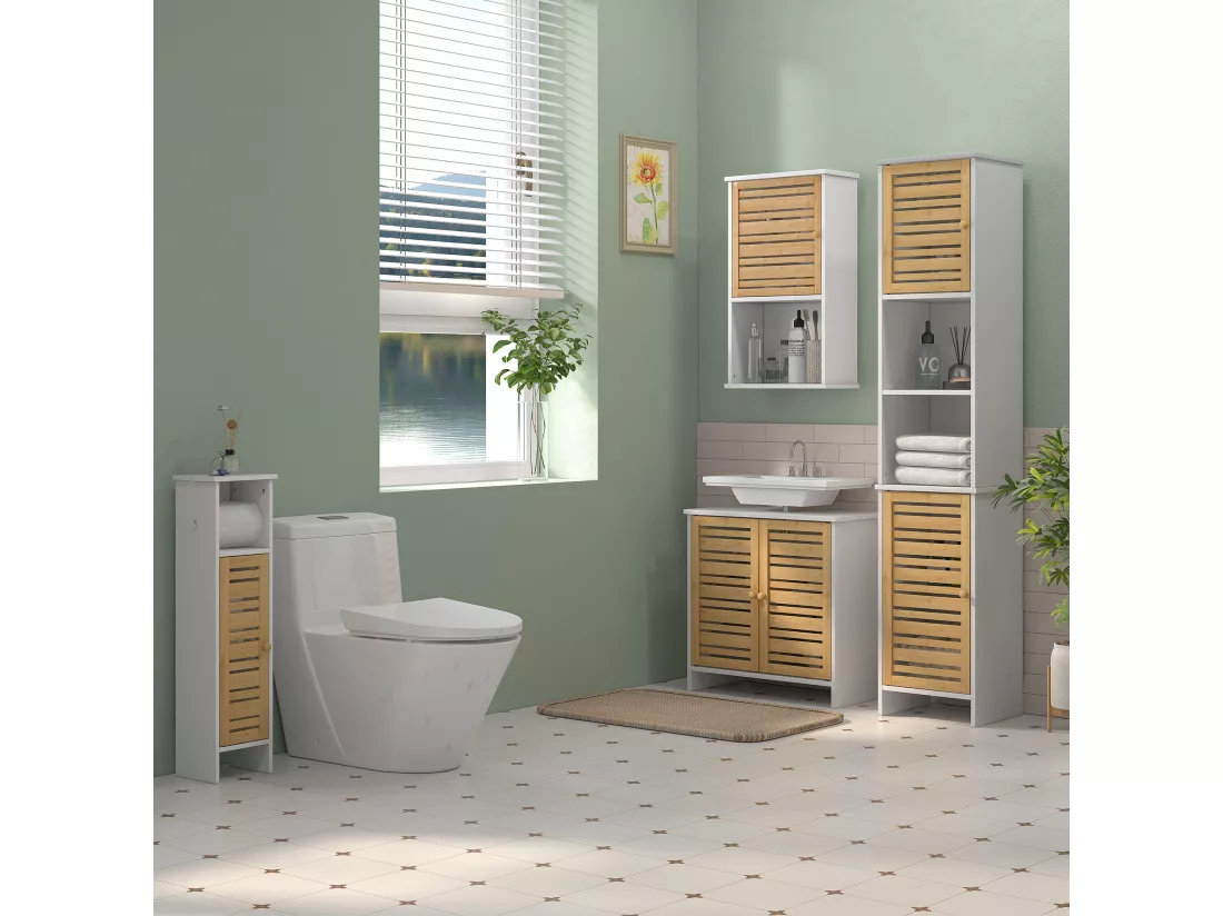 Meuble sous vasque style cosy naturel - 2 portes, étagère - dim. 60L x 30l x 60H cm - blanc bambou