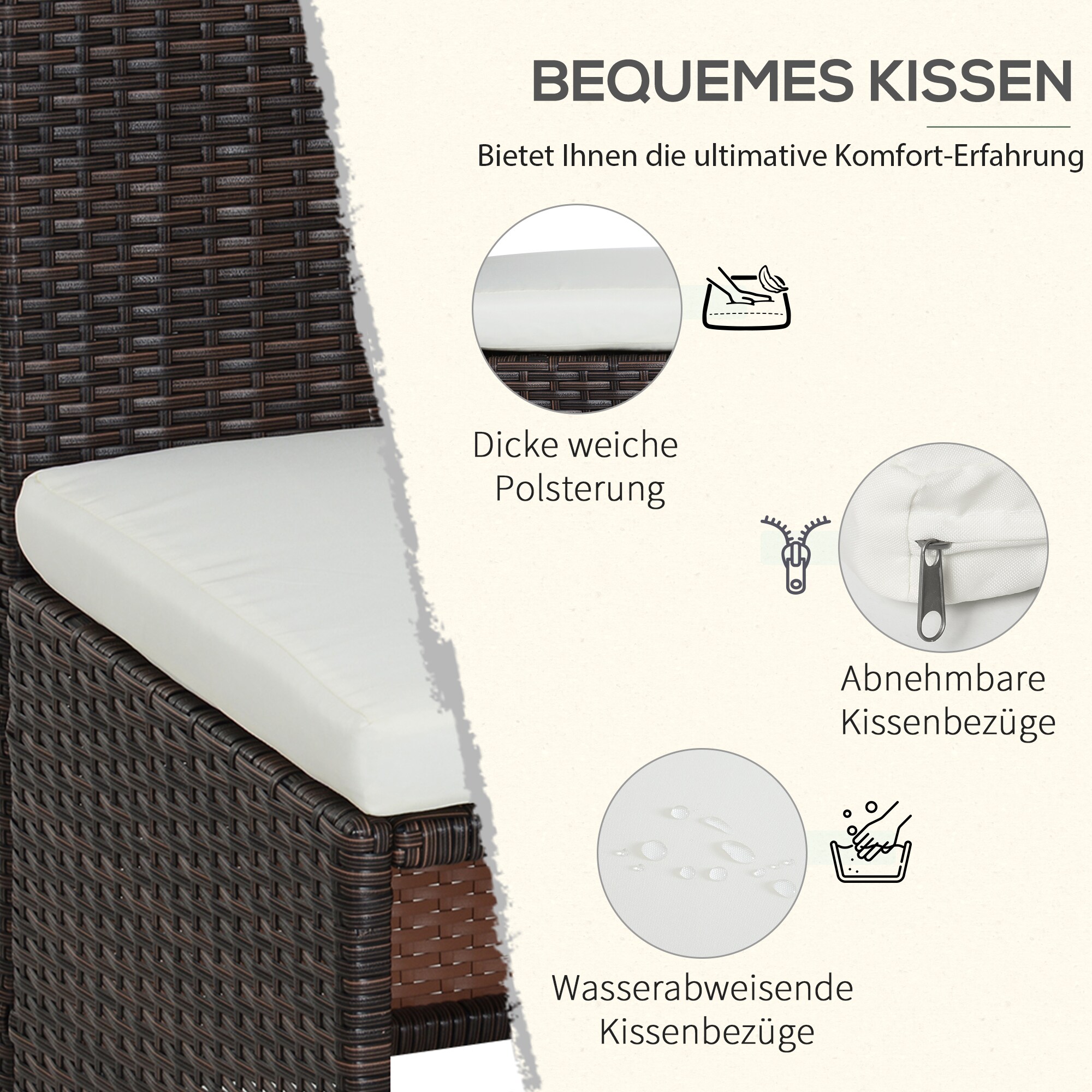 Outsunny Polyrattan Garnitur als 5-teiliges Set braun, cremeweiß 120 x 69 x 77,5 cm (LxBxH)