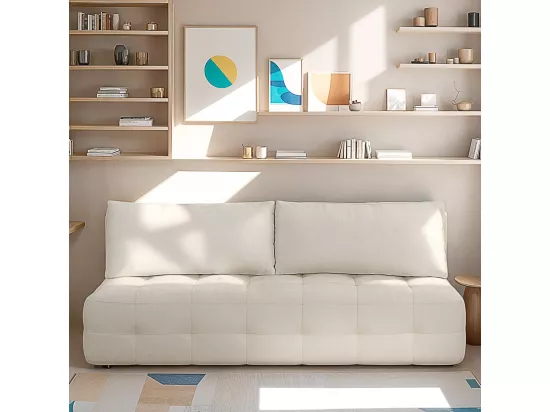 Canapé convertible 3 places avec coffre de rangement en tissu chenille beige - Léo