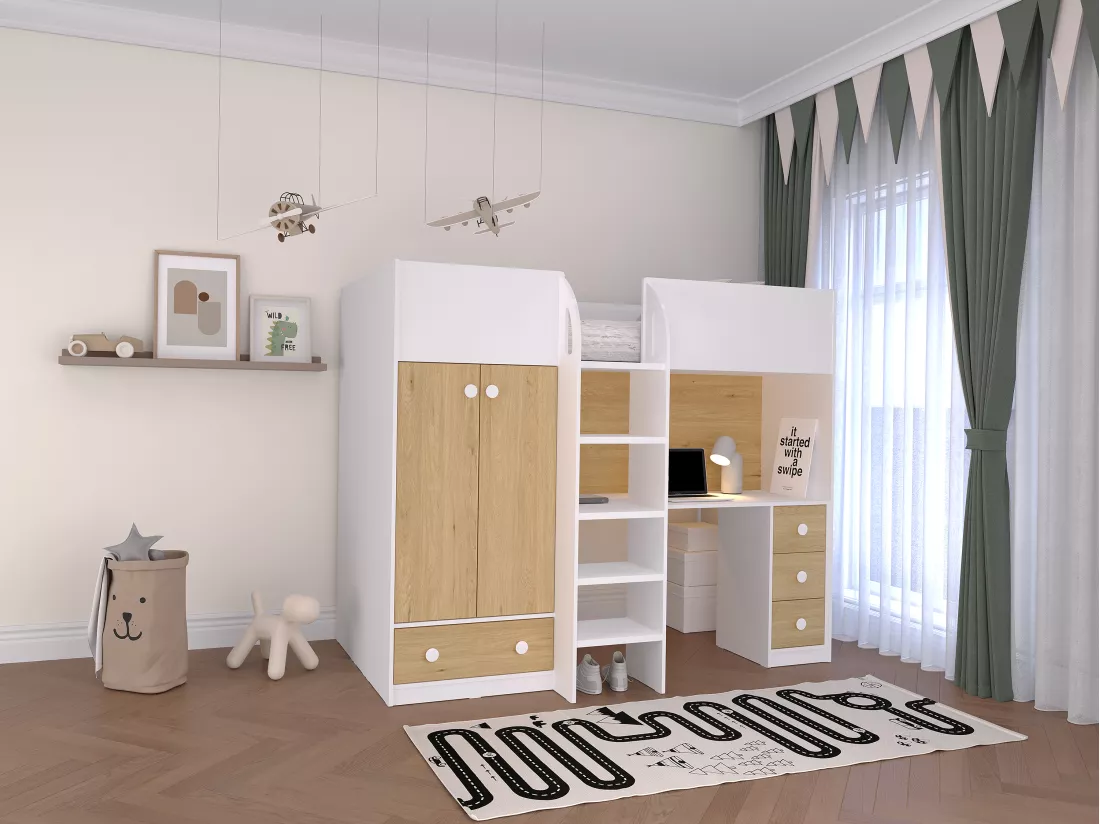 Lit mezzanine 90 x 190 cm avec armoire et bureau - Blanc et naturel + Matelas - CINAMO