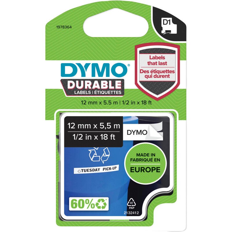 Rubans Dymo D1 12 mm Durable blanc écriture noire