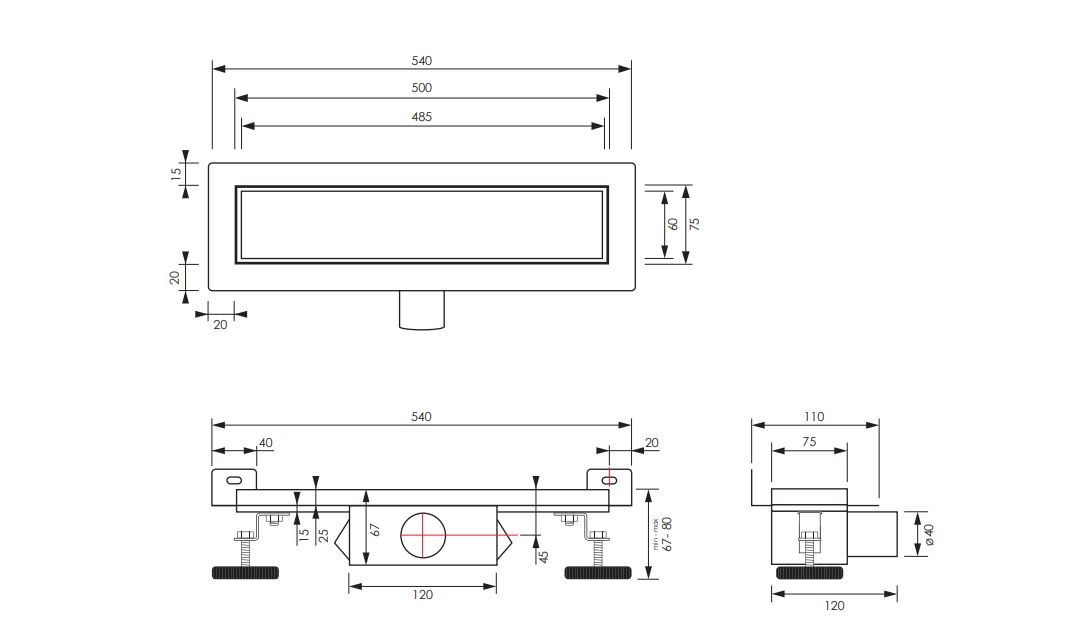 Brauer douchegoot 50x7cm met multifunctioneel rooster en muurflens RVS geborsteld