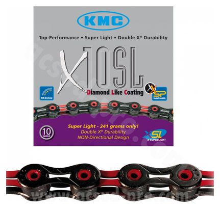 CHAINE VELO KMC 10 VITESSES X10SL NOIR/ROUGE 112M 241g