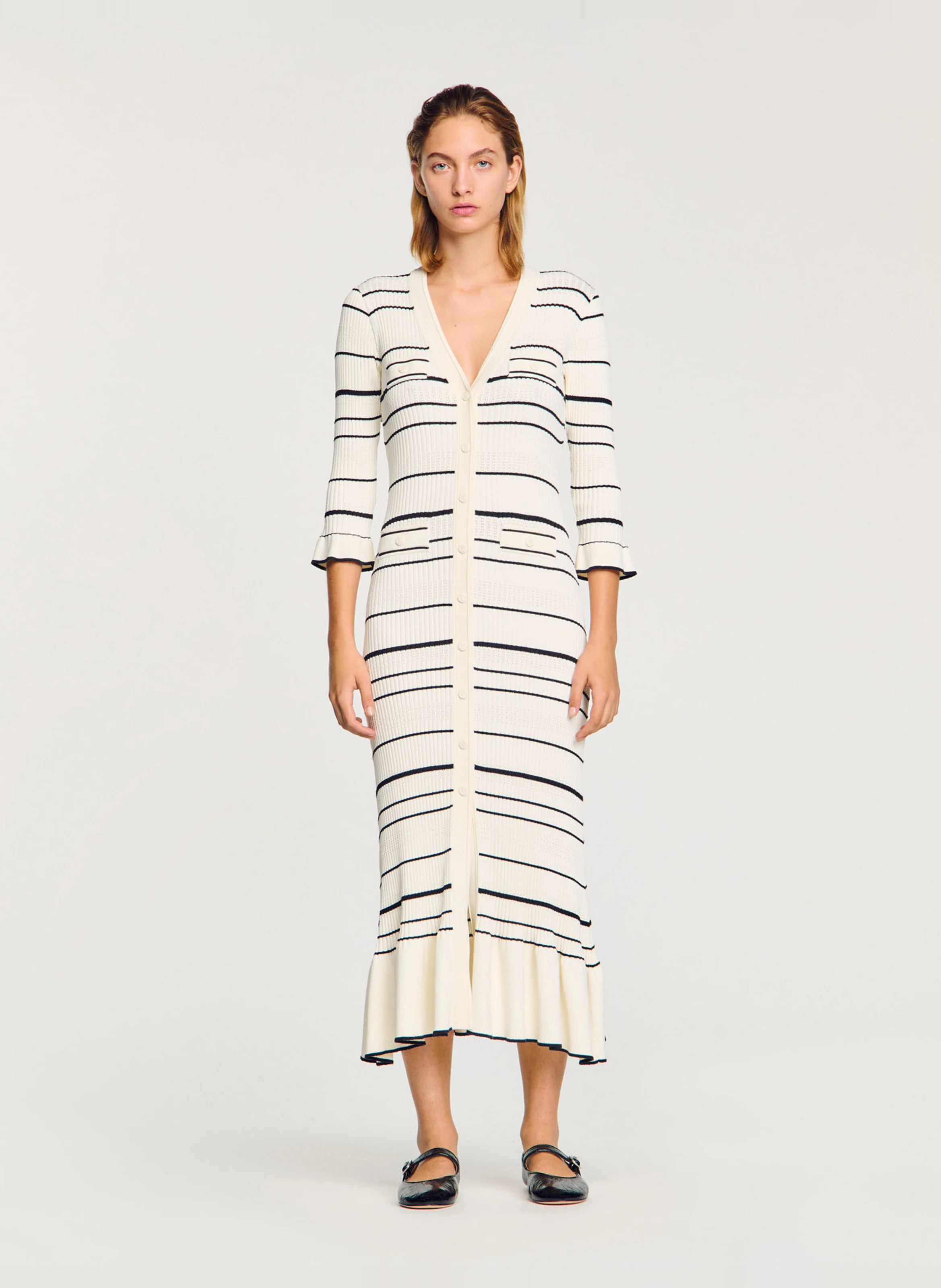 Robe longue en maille rayée | Blanc