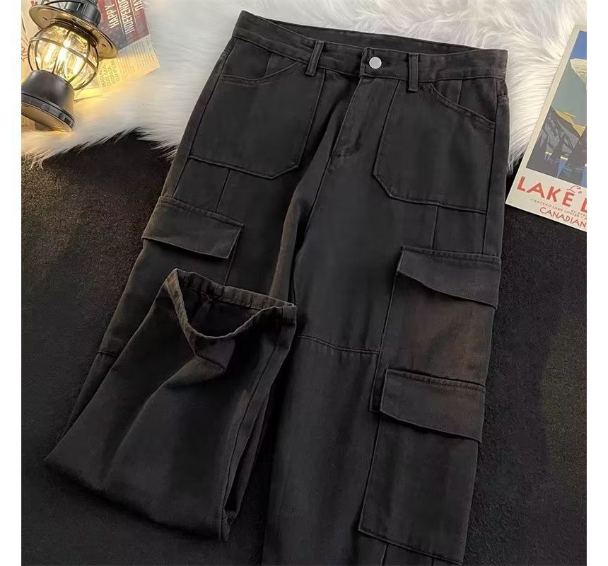 Urtishia - Hoge taille jeans met wijde pijpen en dubbele zakken