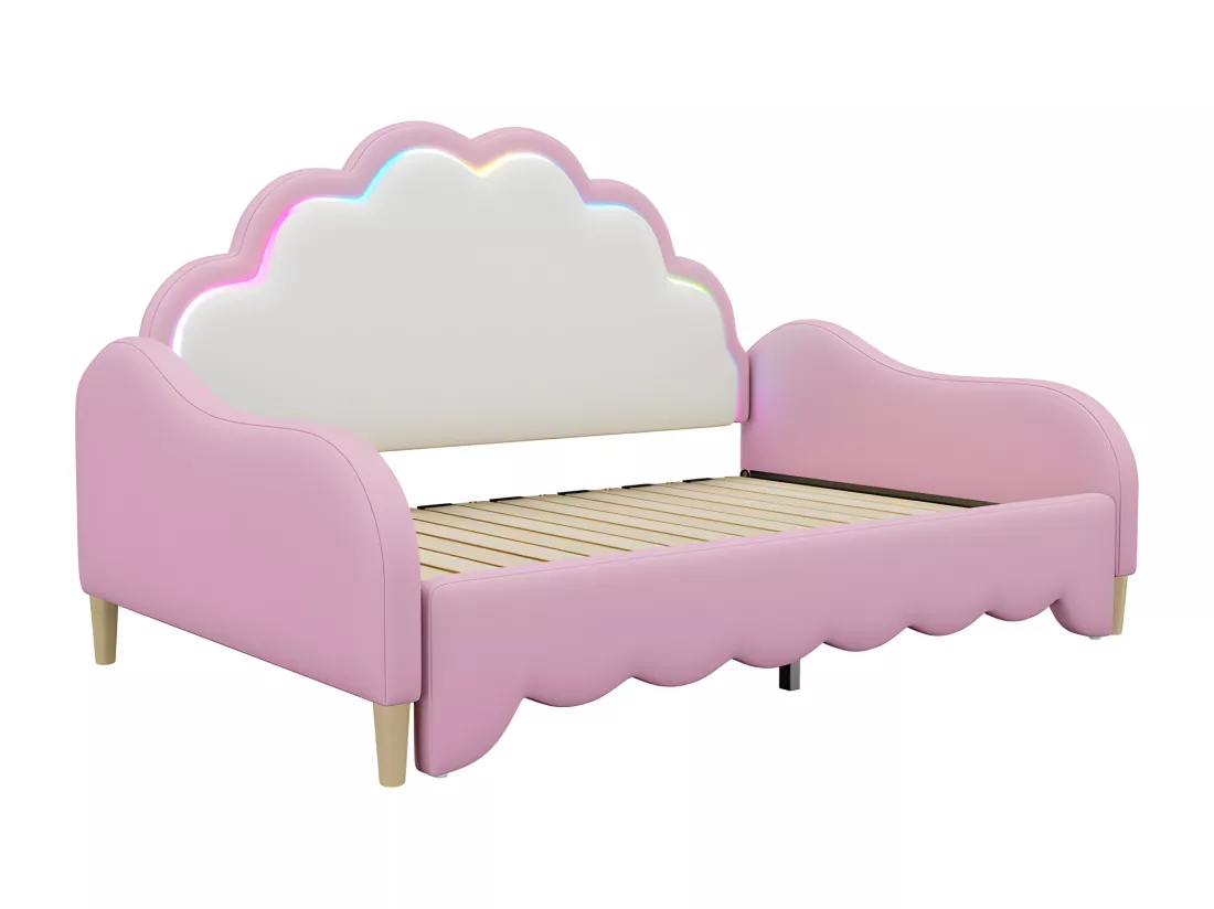 Lit enfant tirable en similicuir - 140x200cm - avec LED et télécommande - Rose (équipé d'un matelas)