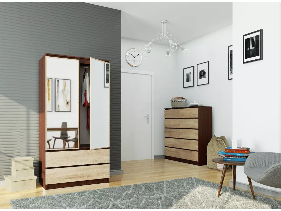 Armoire AKORD S90 avec miroir Wengé 90 cm 2 portes 2 tiroirs façade Chêne Sonoma 4 étagères 90x51x180 cm