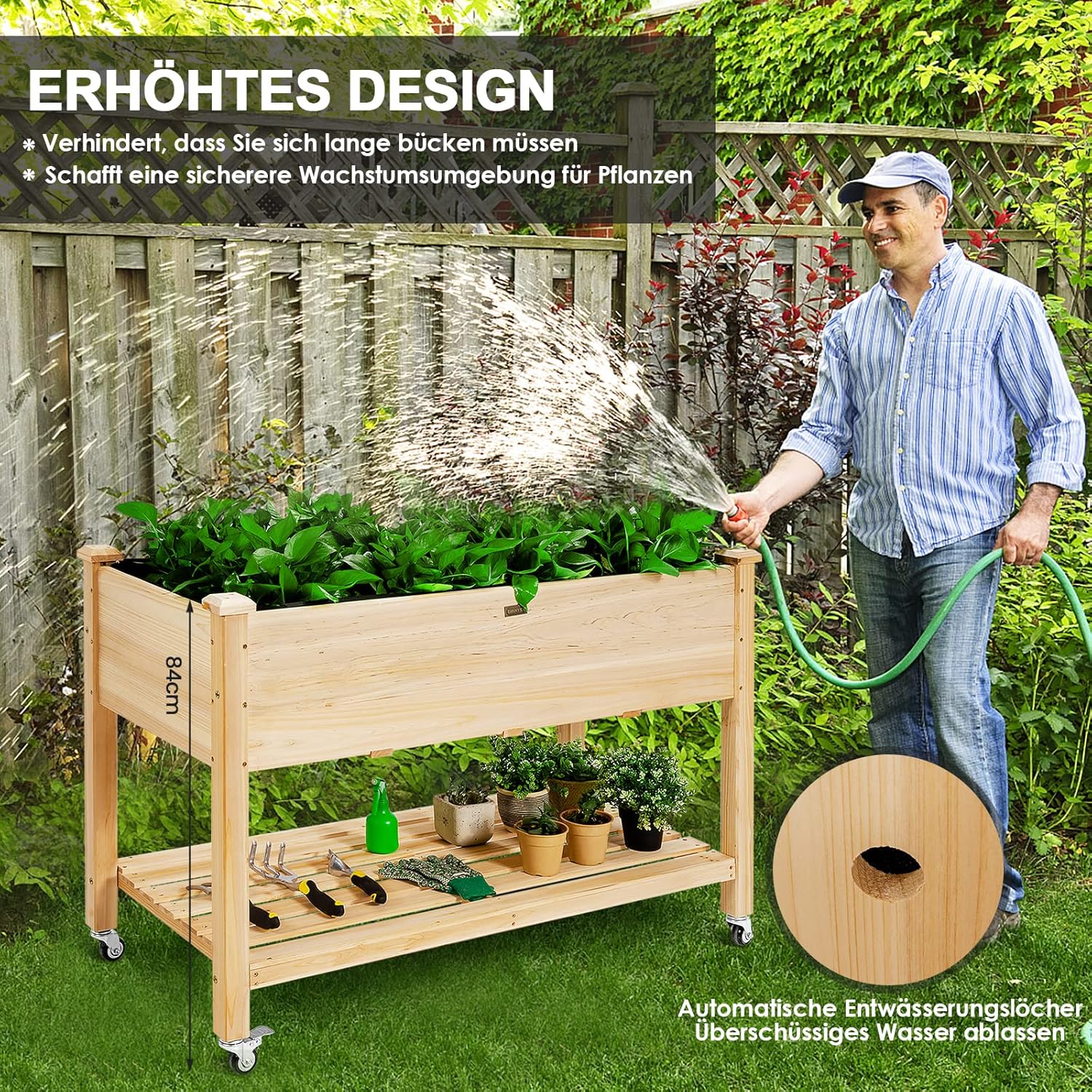 GOPLUS Hochbeet mit Rollen, Gartenbeet mit Ablage & Abflusslöcher, Pflanzbeet aus Tannenholz für Garten & Terrasse, Natur (mit Rollen, 120x59x84 cm)
