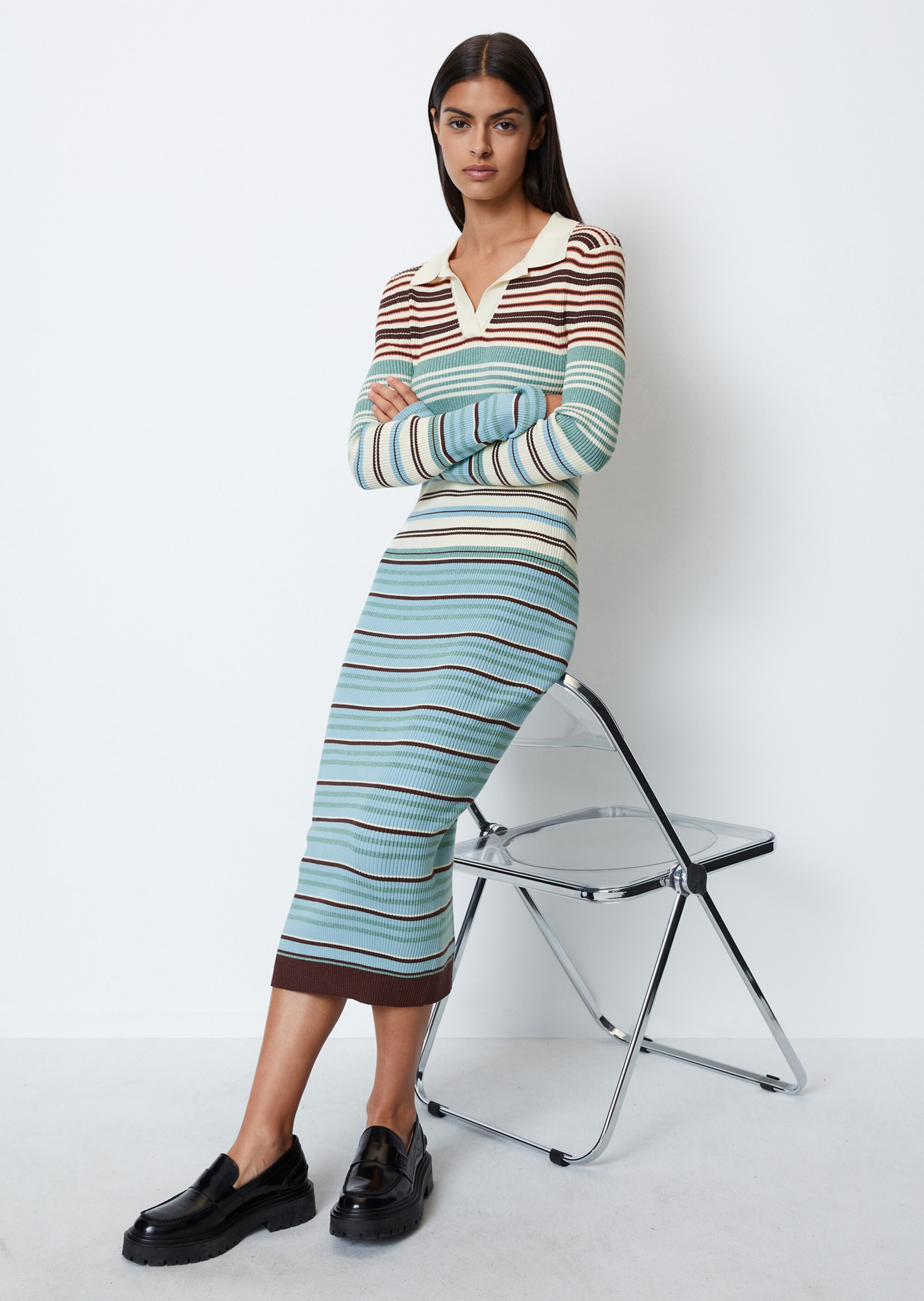 Rippstrick-Kleid im Polo-Stil mit glitzerndem Lamé-Garn