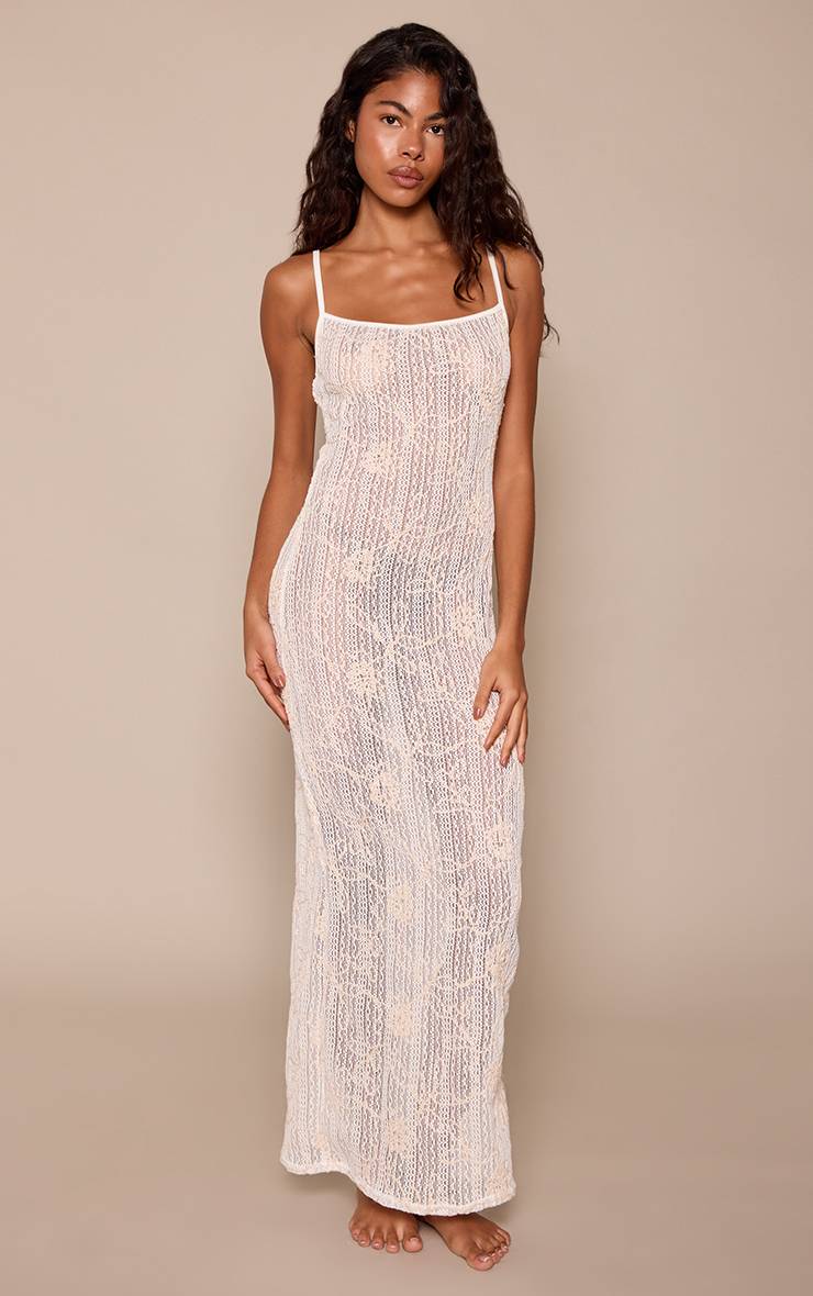 Blanc Robe Longue Moulante À Bretelles Avec Texture Florale