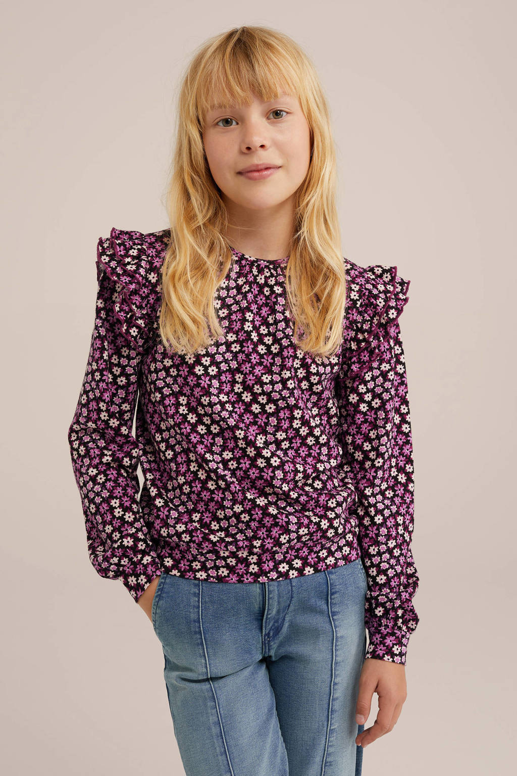 WE Fashion gebloemde longsleeve roze/donkerpaars/ecru