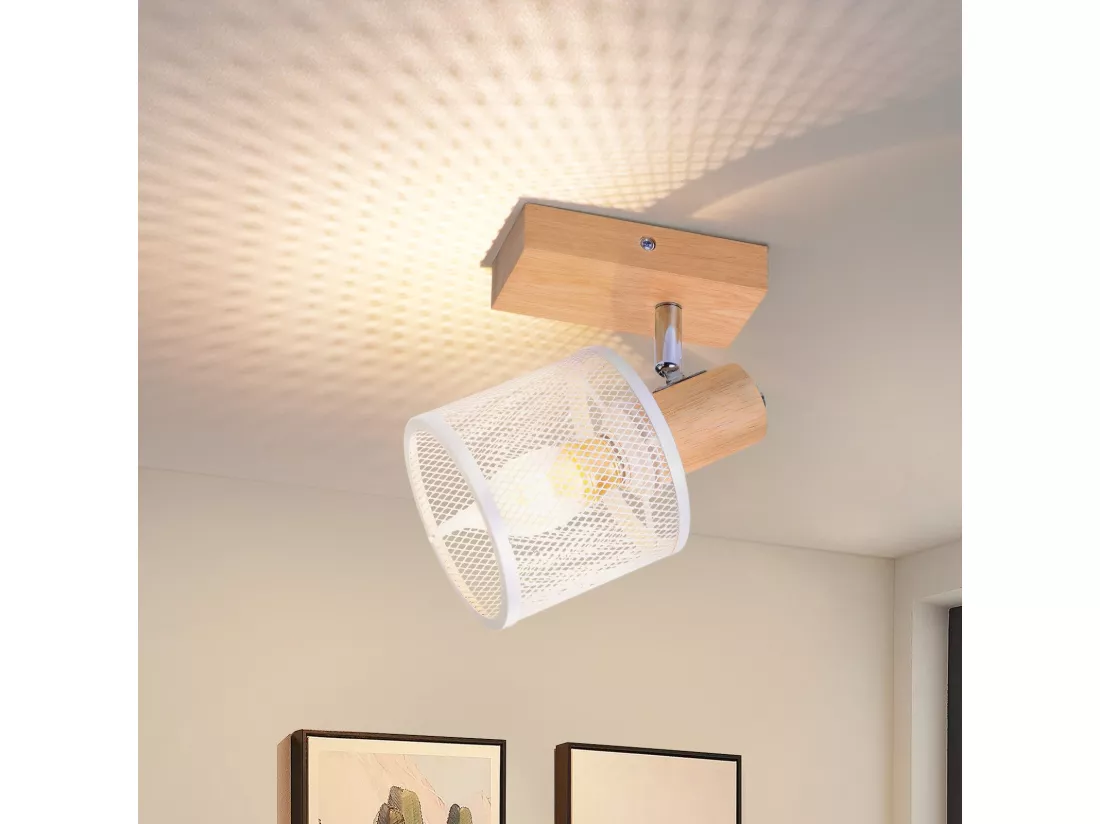 NETTLIFE Plafonnier 1 Spots blanc aspect bois - plafonnier E14 orientable 350° 4 ampoules max 40w moderne pour salon chambre cuisine.