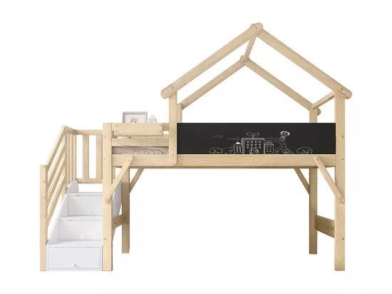 Lit superposé pour enfants 90x200cm, avec rails, design unique du toit, avec 3 armoires de rangement, blanc + couleurs naturelles