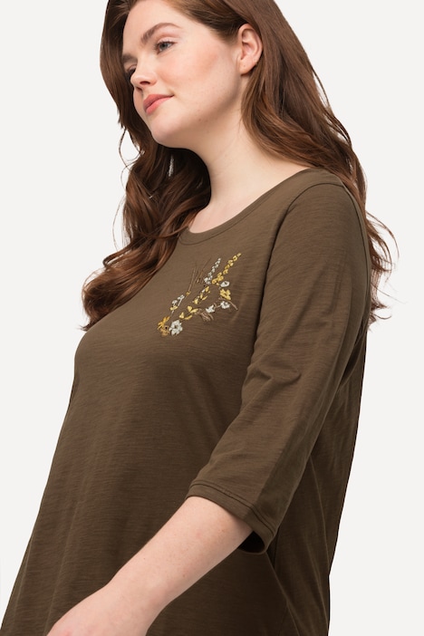 Shirt, Stickerei, Rundhals, 3/4-Arm, Biobaumwolle