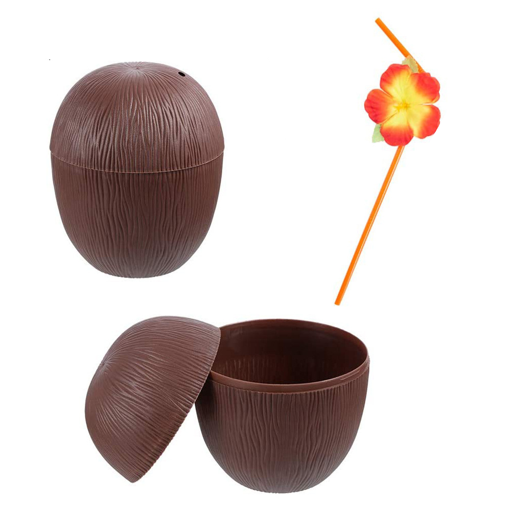 (6er Set) Mehrweg Cocktail Trinkbecher Sommer Party Hawaii Deko Getränke Becher mit Strohhalm - Kokosnuss / Ananas