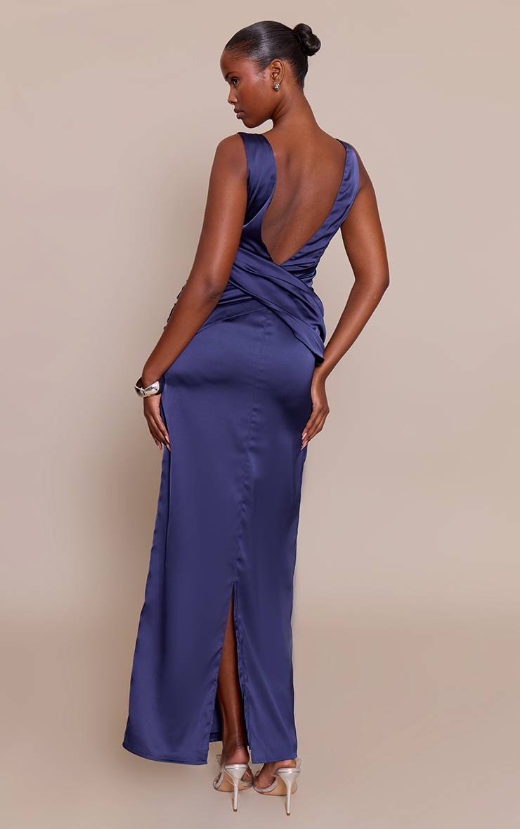 Bleu Marine Robe Longue Drapée En Satin À Décolleté Plongeant