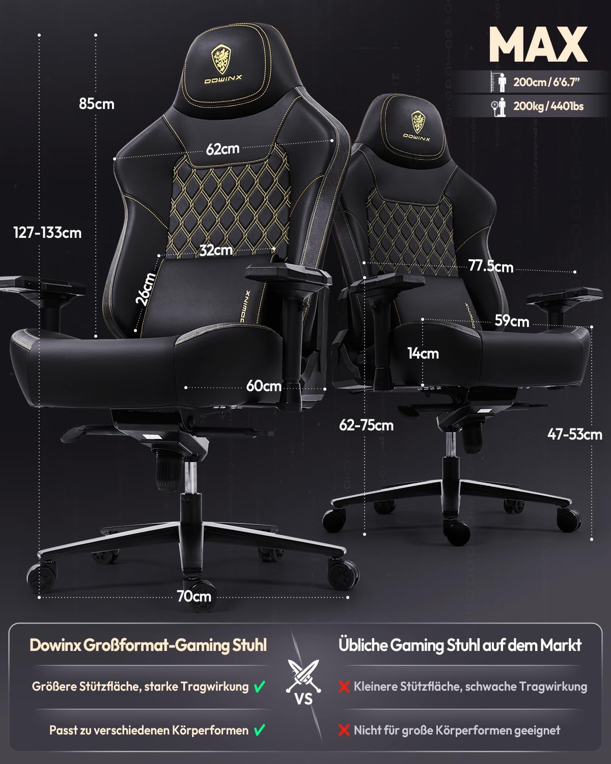 Dowinx Gaming Stuhl 200kg Belastbarkeit Chefsessel, Ergonomischer Bürostuhl mit 4D Armlehnen und Lendenwirbelstütze, Höhenverstellbarer Gaming Chair für Gamer und Esport Schwarz