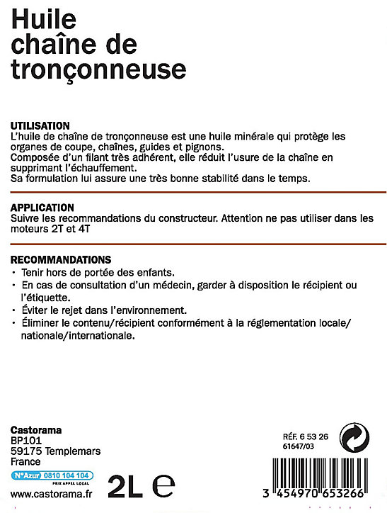 Bidon d'huile pour chaîne de tronçonneuse Diall 2L