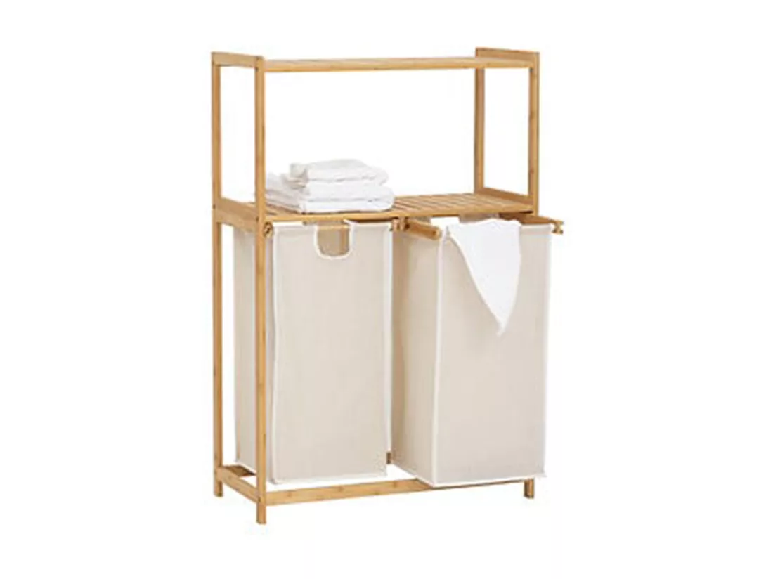 Meuble étagère, étagère en bambou coloris naturel et tissu coloris beige - Longueur 72 x Profondeur 33 x Hauteur 109 cm