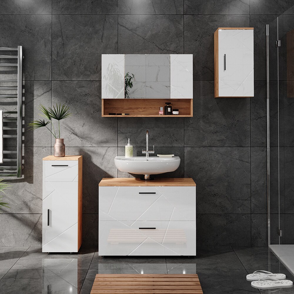 Vicco Spiegelschrank Badspiegel Wandspiegel Irma Eiche Weiß Hochglanz modern 80x55 cm Badezimmer Schrank Badschrank Badezimmermöbel Badmöbel 3 Türen