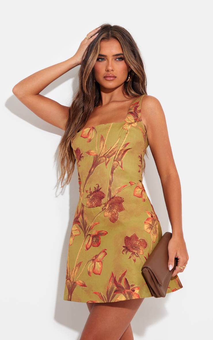 Vert Robe Trapèze Corsetée À Imprimé Floral