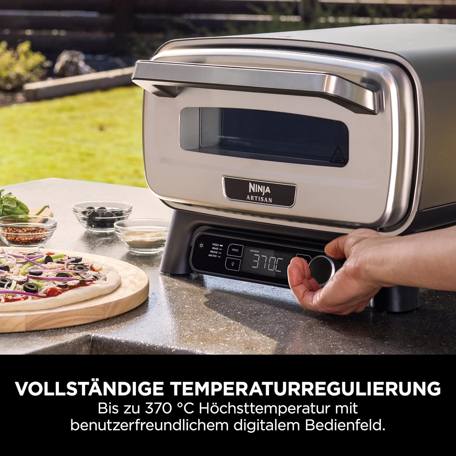 Ninja Artisan Outdoor-Pizzaofen und Heißluftfritteuse, 4 Funktionen: Pizza, Air Fry, Bake, Prove, 5 Pizzaeinst., mit 30 cm Pizzastein, Pizzaschale, Backblech, Heißluft-Fritteusen-Korb, Grau MO201EU