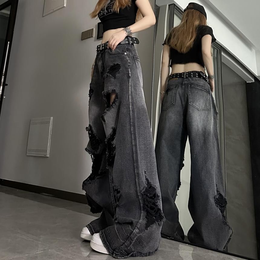 Chisan - Mid Rise Washed Ripped Wide Leg Jeans