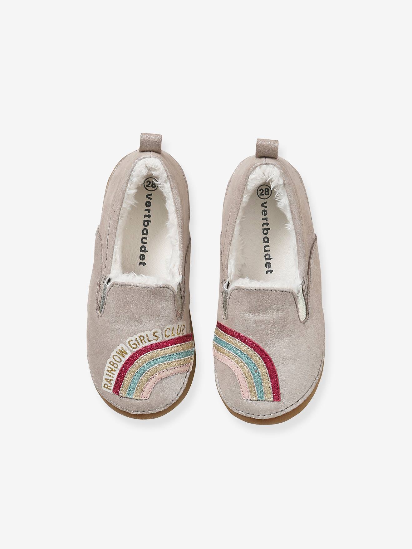 Pantufas de couro com forro e elástico, para meninas, bege metálico claro