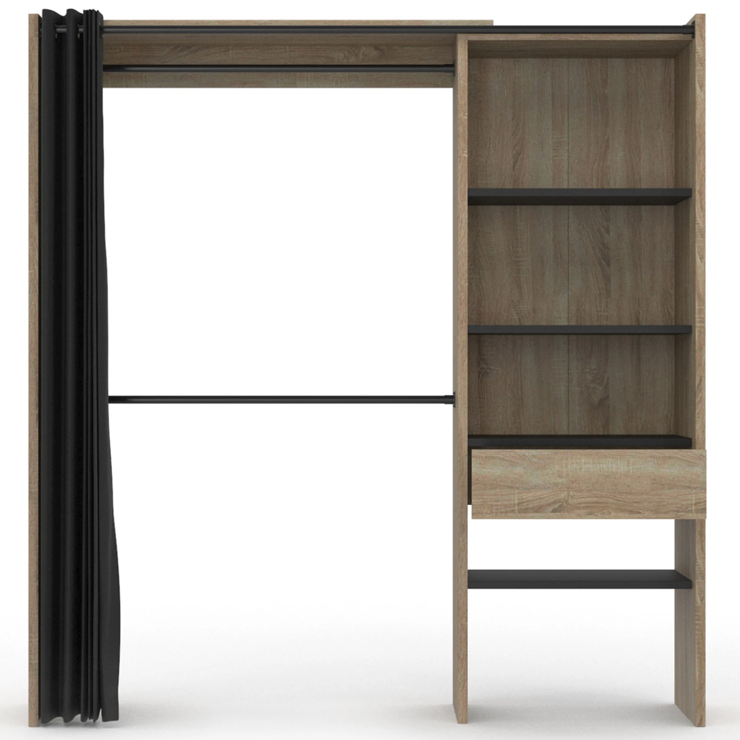 Dressing extensible MARTY 120/170 x 50 x 180 cm hêtre avec étagères + double penderie + rideau noir