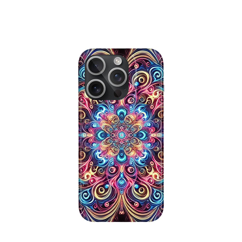 iPhone 15 Pro Kunststoff Hülle Neon Mandala - Blau / Gelb / Rot