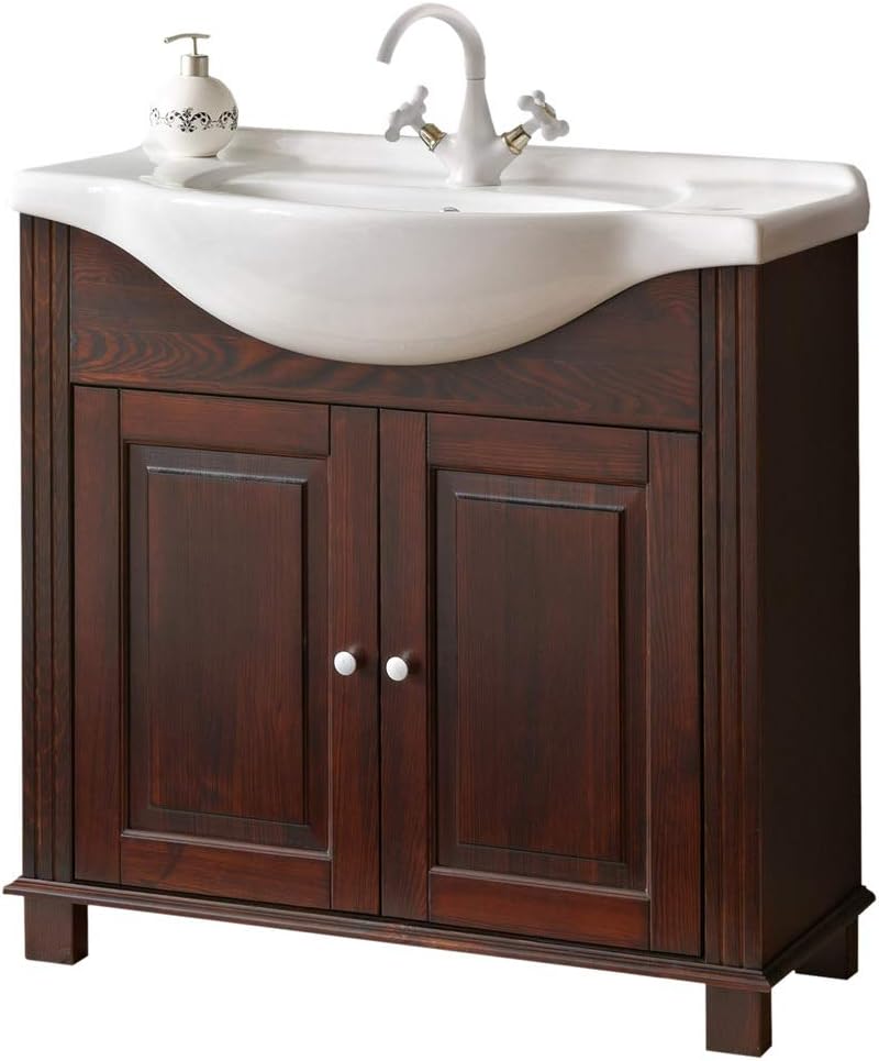 Lomadox Landhaus Badmöbel Komplett Set inkl. 85 cm Keramik-Waschtisch, Pinie Massivholz braun, B/H/T ca. 237/180/49cm