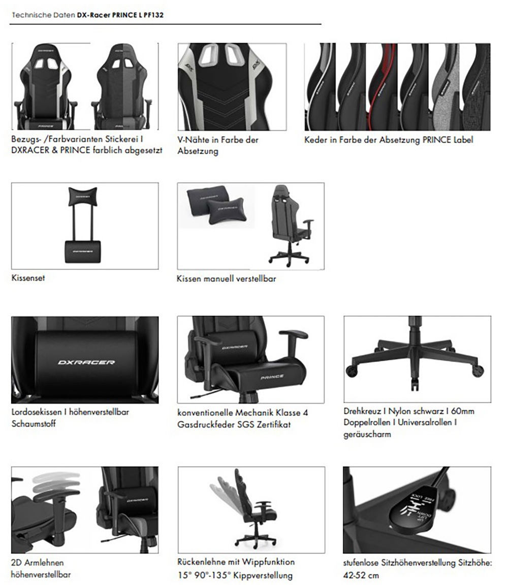 MCA furniture Gaming-Stuhl »DX Racer Prince Gamingchair« (Set) 1 Stk.Gaming,Racing,Design,Lordose,Kissen,Armlehne,drehbar,verstellbar