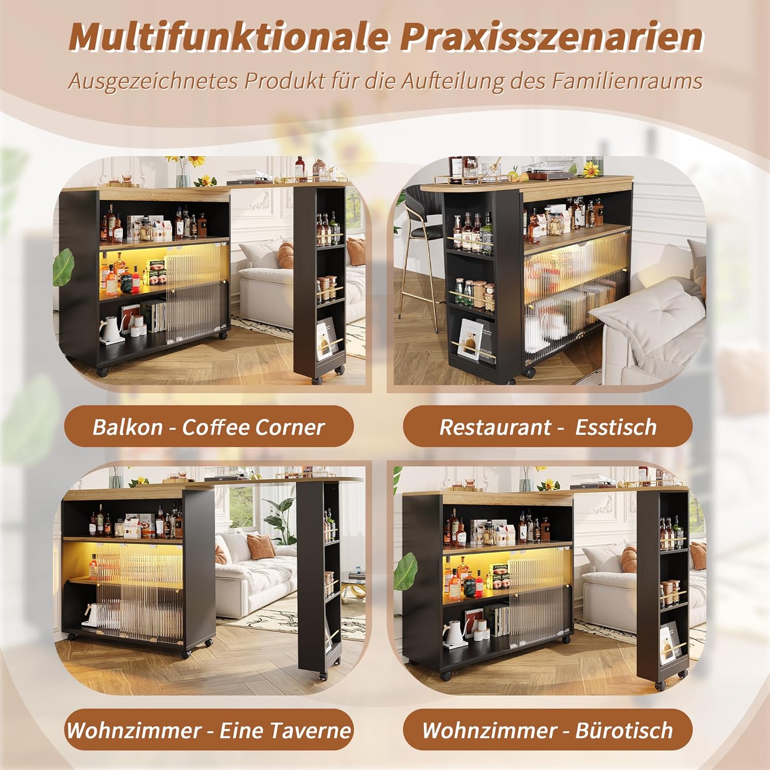 Bartisch Klappbar mit Stauraum, Bartisch Küche mit LED, Moderner Beweglicher Bar Tisch, Bar Table, Hochtisch, Kücheninsel, Küchentheke, Stehtisch Bistrotisch, (138-204×39×105cm), Schwarz