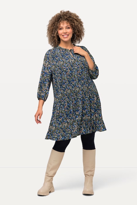 Plissee-Minikleid, Blüten, Rüschen, Stehkragen, 3/4-Arm